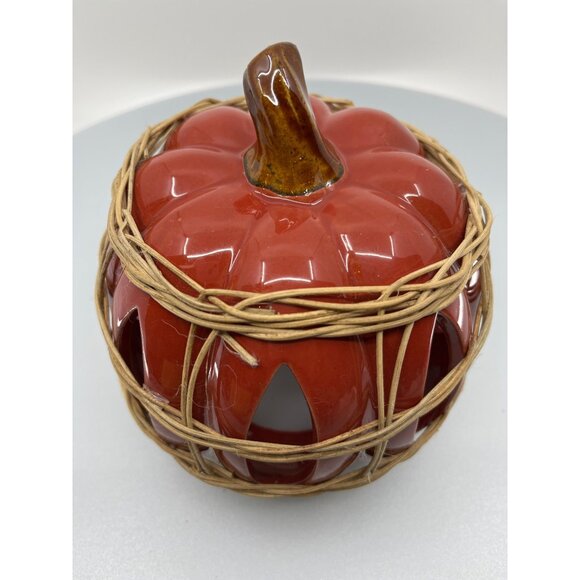 Ceramic Pumpkin Candle Holder With Rustic Wicker Detailing - Picture 8 of 13